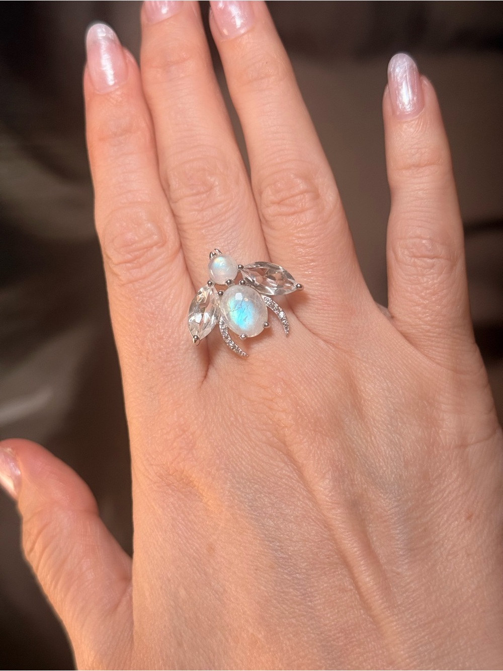 NWT 7.41ctw Rainbow Moonstone Crystal Quartz Moissanite Insect Ring 925 Sz 7